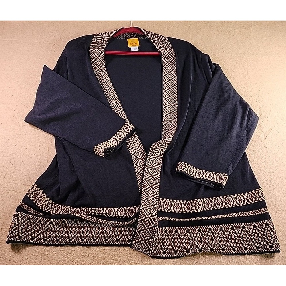 Ruby Rd Woman Black Geometric Border Open Front Cardigan Sweater 1X 37262